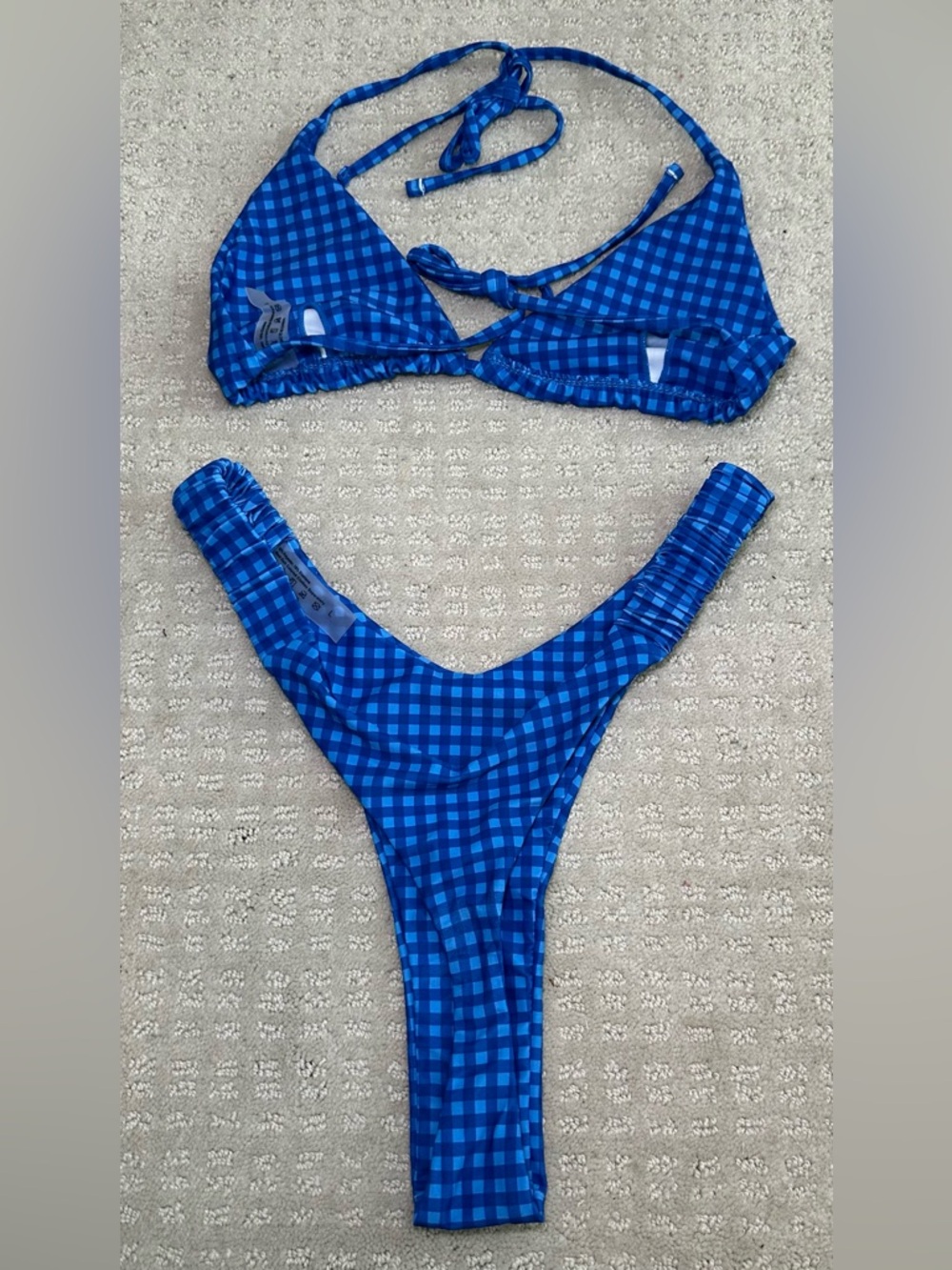 NWOT 3 Piece Bikini Bundle Gingham Check High Cut Triangle Swim‎ Pink Red Blue L - Picture 7 of 10